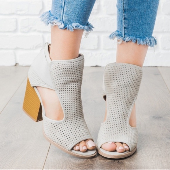 Qupid Shoes - Qupid Perforated Cut Out Heel Booties Chunky Heel
